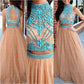 2019 Nude Long Two Piece Tulle Prom Dress with Turquoise Beading For Teens,MA068