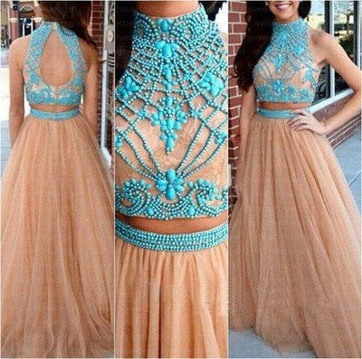 2019 Nude Long Two Piece Tulle Prom Dress with Turquoise Beading For Teens,MA068
